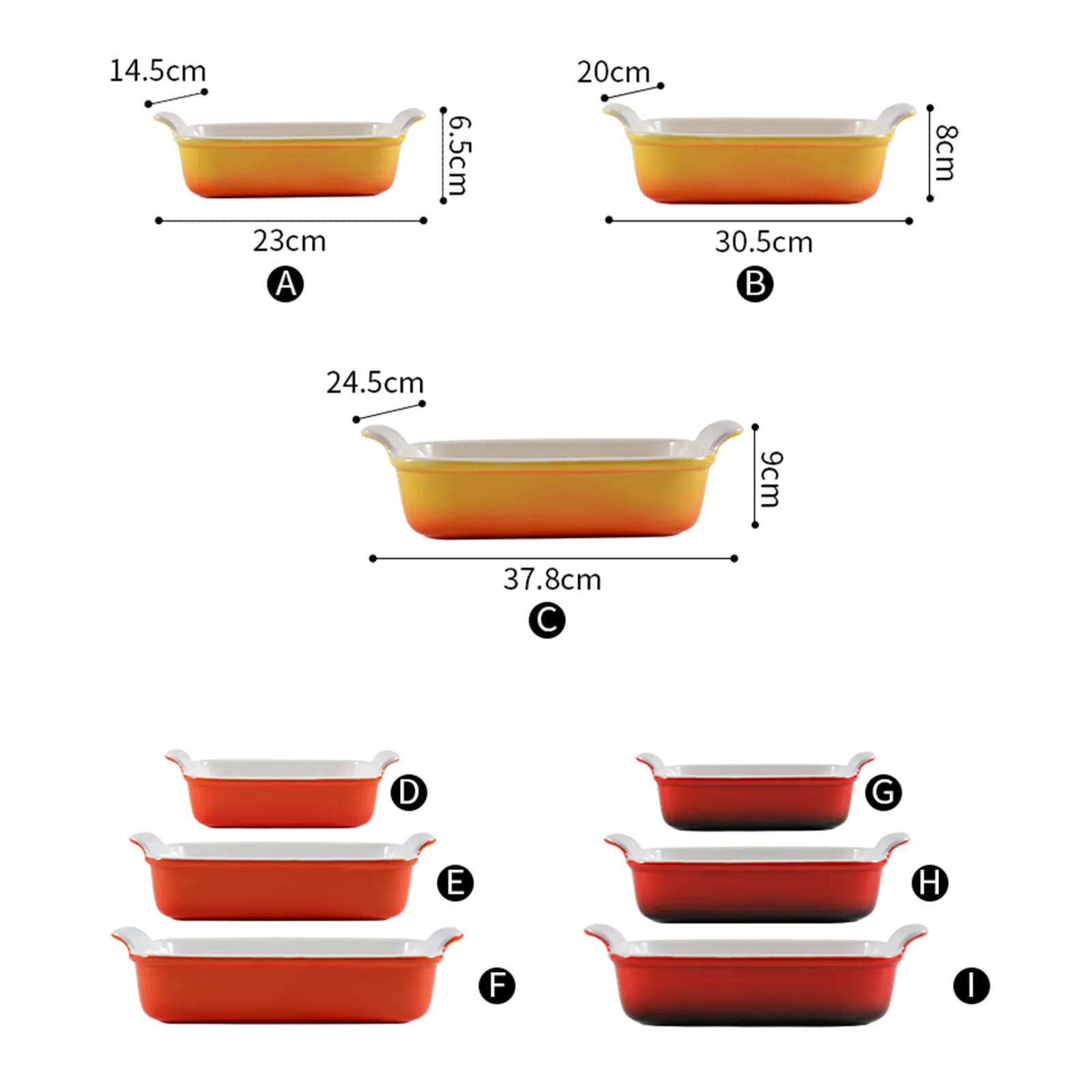 3-piece ceramic bakeware set dimension