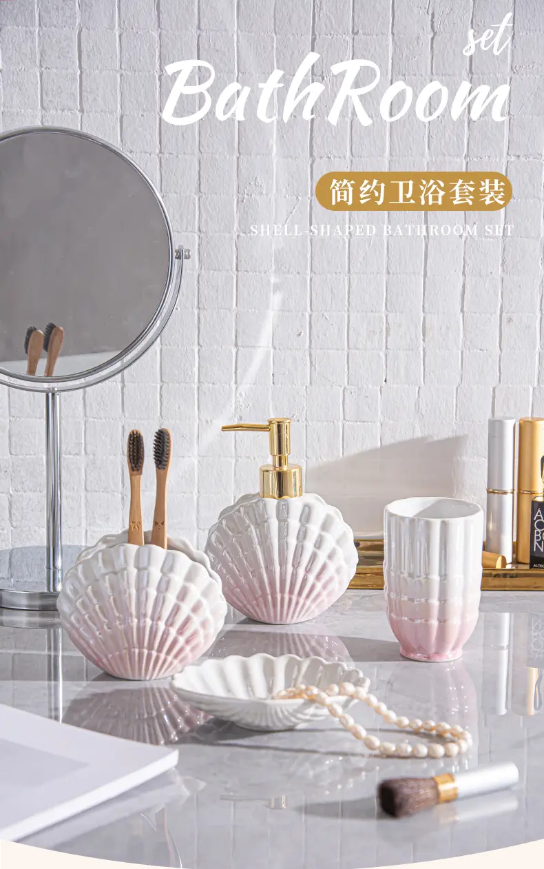 ceramic seashell bathroom accessories set details (1)