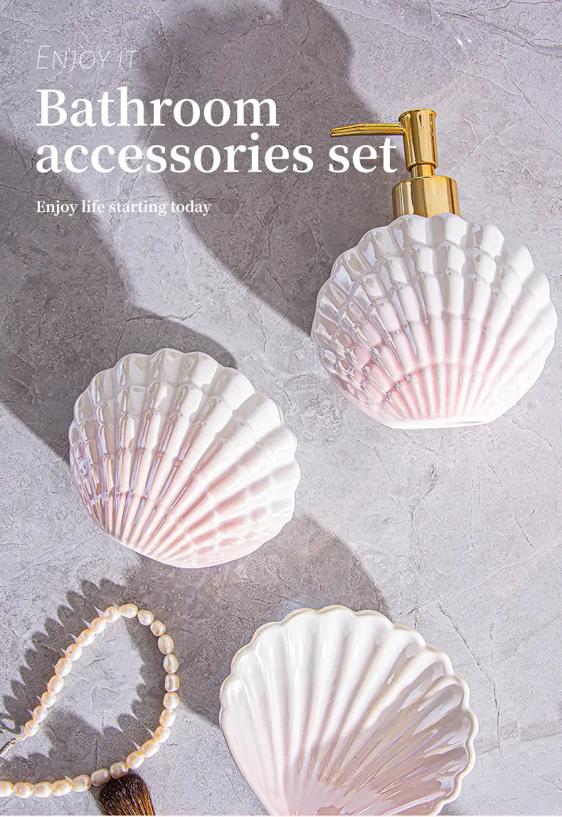 ceramic seashell bathroom accessories set details (3)