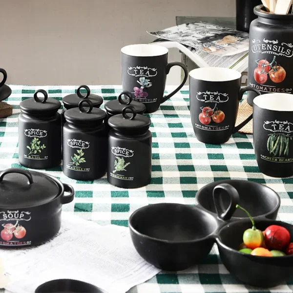 Matte Black Ceramic Kitchenware and Dinnerware Set – Includes Jars, Mugs, and Tableware