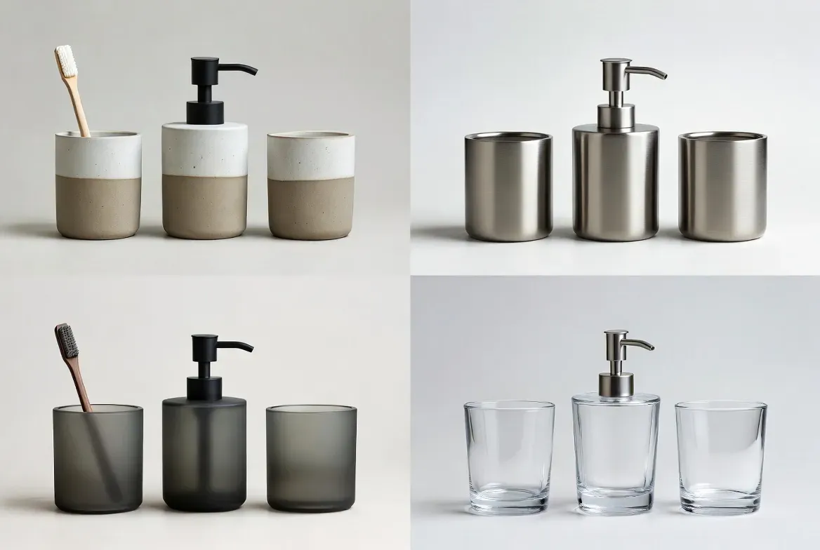 bathroom accessories materials - ceramic, stainless steel, resin, and glass
