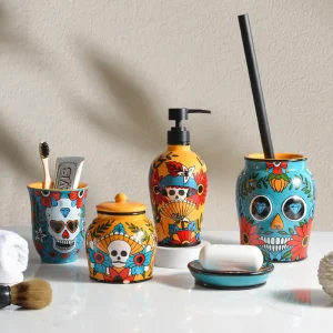 mexican aesthetic skull pattern bath accessory set (1)