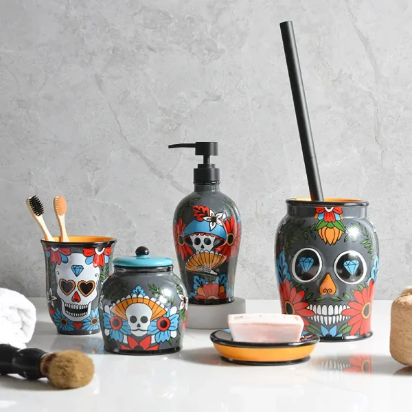 mexican aesthetic skull pattern bath accessory set (2)