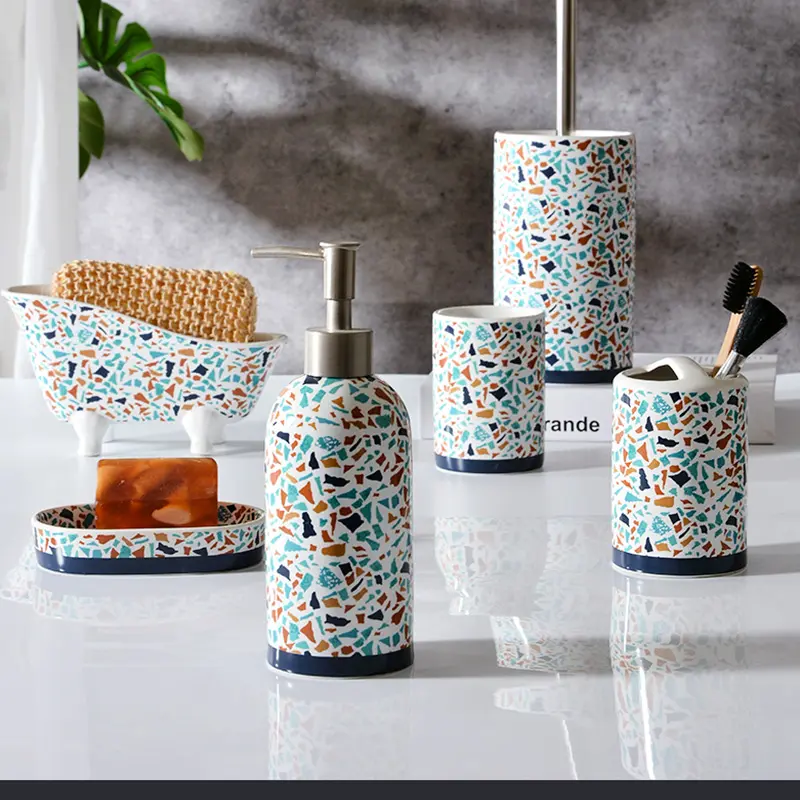 terrazzo textured ceramic bathroom accessories set (1)