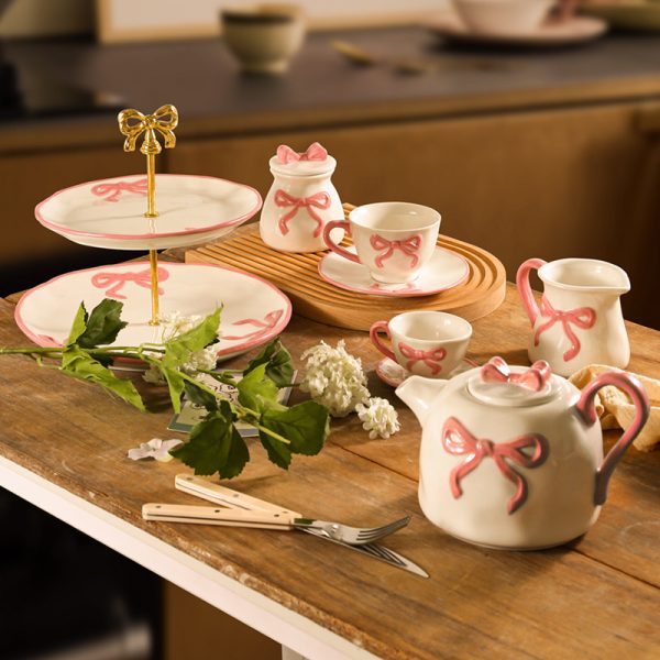 Wholesale Tea Sets in Bulk – Cute Pink Bow Porcelain Drinkware Set 