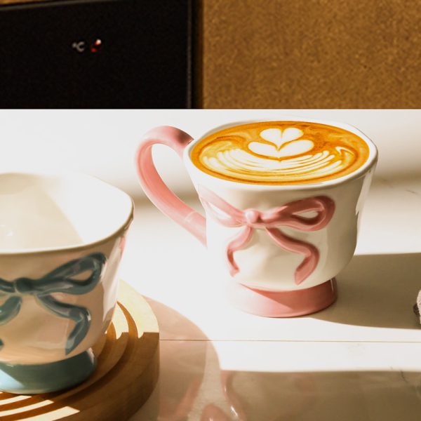 Wholesale Ceramic Coffee Cups with 3D Bowknot Embossed Ribbon Decoration
