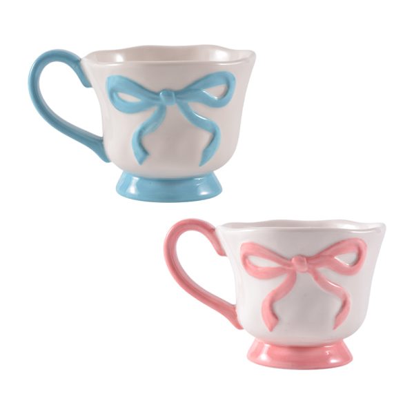 Wholesale Ceramic Coffee Cups with 3D Bowknot Embossed Ribbon Decoration