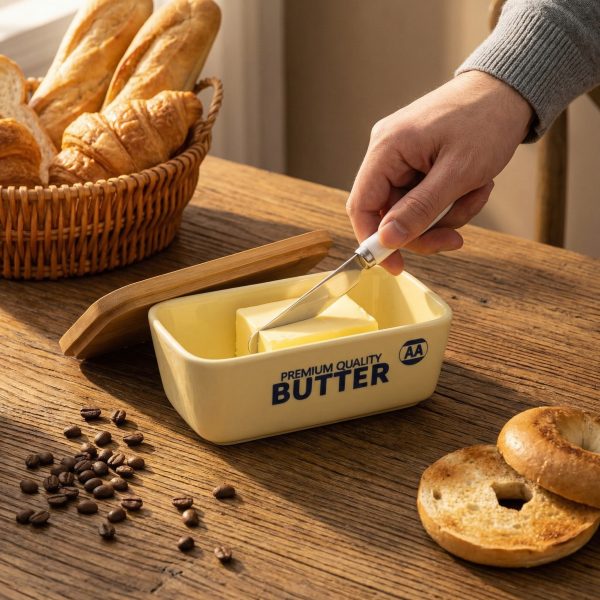Factory Supply Cream-colored Butter Container with Wood Lid and Butter Knife