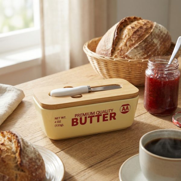 Factory Supply Cream-colored Butter Container with Wood Lid and Butter Knife