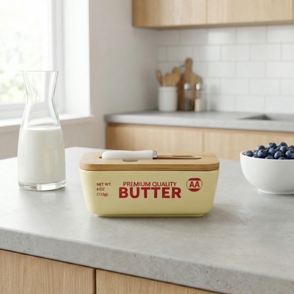 Factory Supply Cream-colored Butter Container with Wood Lid and Butter Knife