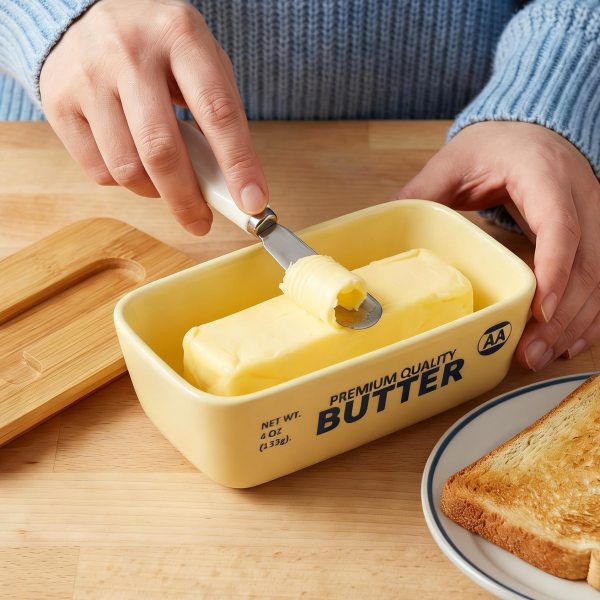 Factory Supply Cream-colored Butter Container with Wood Lid and Butter Knife