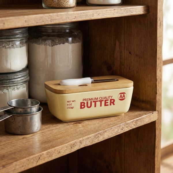 Factory Supply Cream-colored Butter Container with Wood Lid and Butter Knife