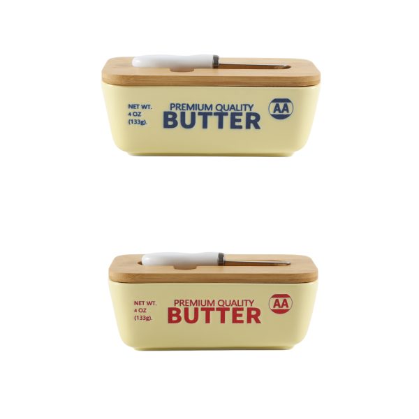 Factory Supply Cream-colored Butter Container with Wood Lid and Butter Knife