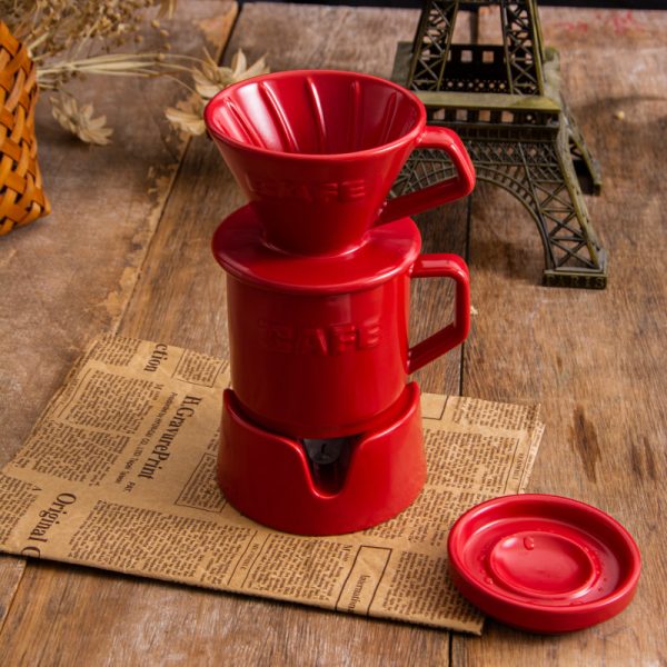 Wholesale Red Ceramic Pour Over Coffee Set, Tealight Can Be Added for Heating