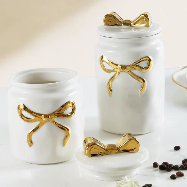 Wholesale Ceramic Dinnerware Set with Golden Bowknot Detailing, Suitable for Hotels, Cafes, and as Gift Sets