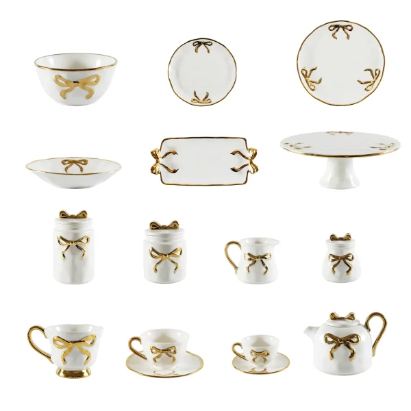 Wholesale Ceramic Dinnerware Set with Golden Bowknot Detailing, Suitable for Hotels, Cafes, and as Gift Sets