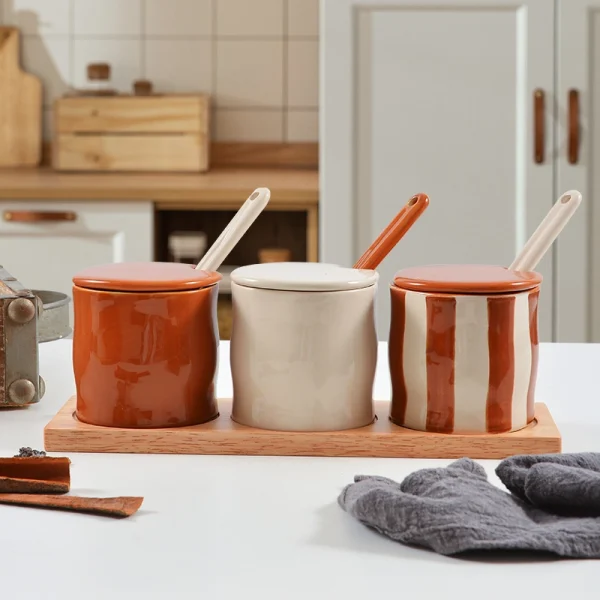 Wholesale Split-Type Ceramic Seasoning Jar Set with Striped Element Design, Best for Gifting - Bulk Ceramic Kitchenware Factory