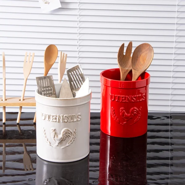 Wholesale Ceramic Utensil Holder with Embossed Rooster Design – Ceramic Utensil Holder Manufacturer