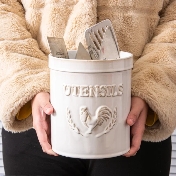 Wholesale Ceramic Utensil Holder with Embossed Rooster Design – Ceramic Utensil Holder Manufacturer