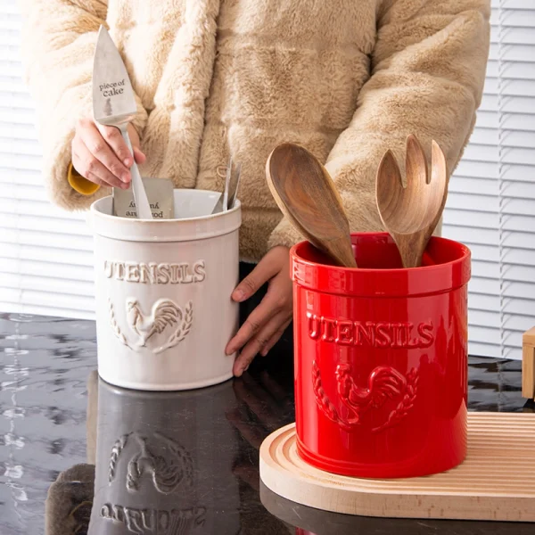 Wholesale Ceramic Utensil Holder with Embossed Rooster Design – Ceramic Utensil Holder Manufacturer