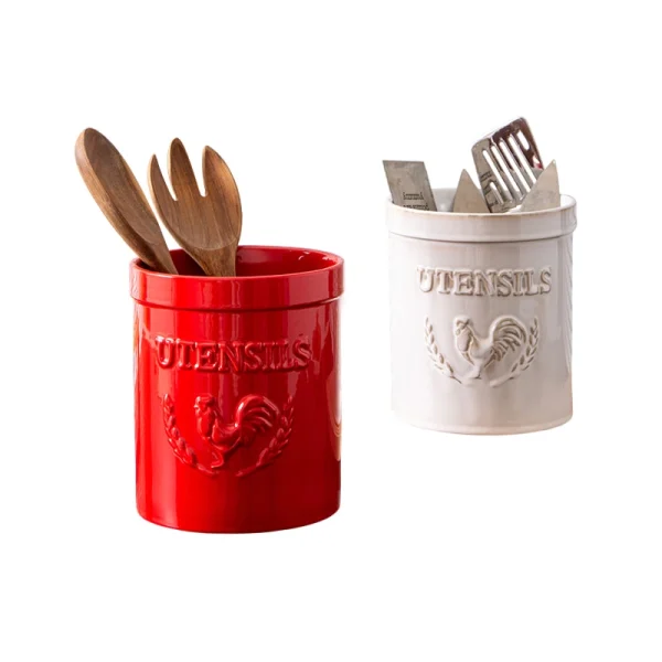 Wholesale Ceramic Utensil Holder with Embossed Rooster Design – Ceramic Utensil Holder Manufacturer