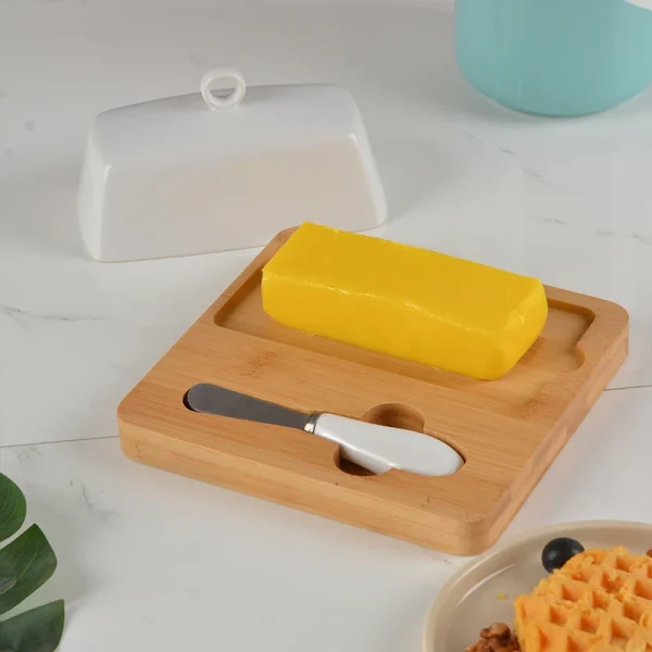 Bulk Ceramic Butter Dishes with Spoon and Wooden Base – Environmentally Friendly Ceramic Kitchenware Factory Supply