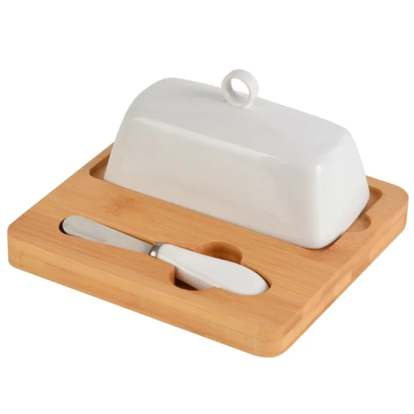 Bulk Ceramic Butter Dishes with Spoon and Wooden Base – Environmentally Friendly Ceramic Kitchenware Factory Supply