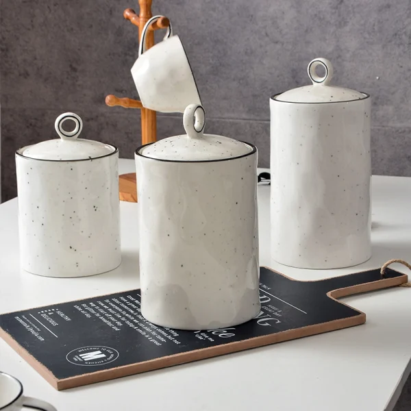 Wholesale Ceramic Kitchen Canisters Set with Simulated Rock Surface, Bulk Sealed Jar with White Sesame Dot Pattern
