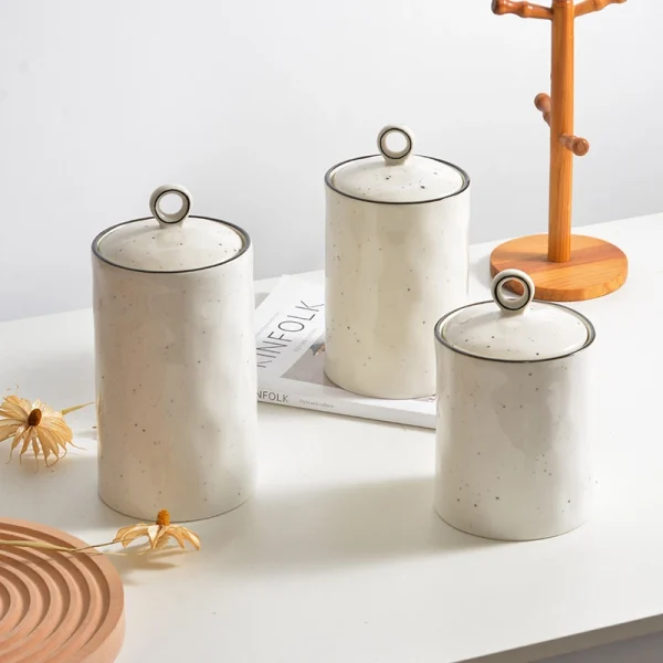 Wholesale Ceramic Kitchen Canisters Set with Simulated Rock Surface, Bulk Sealed Jar with White Sesame Dot Pattern