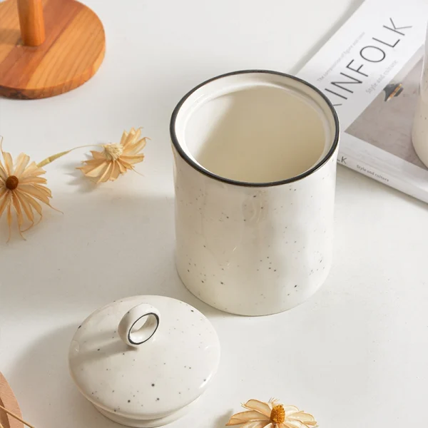 Wholesale Ceramic Kitchen Canisters Set with Simulated Rock Surface, Bulk Sealed Jar with White Sesame Dot Pattern