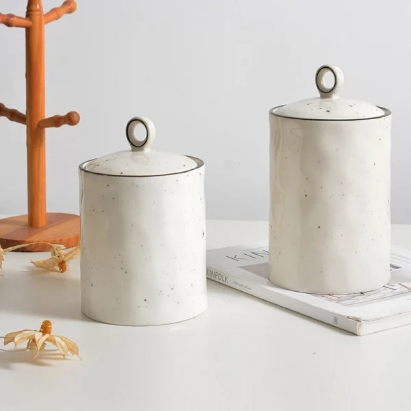 Wholesale Ceramic Kitchen Canisters Set with Simulated Rock Surface, Bulk Sealed Jar with White Sesame Dot Pattern