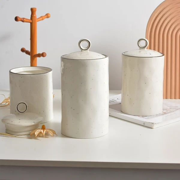 Wholesale Ceramic Kitchen Canisters Set with Simulated Rock Surface, Bulk Sealed Jar with White Sesame Dot Pattern