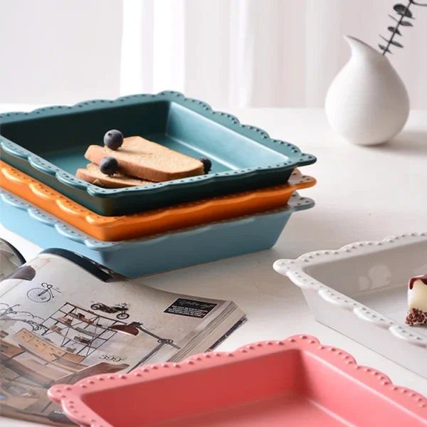 Wholesale Ceramic Baking Dish, Square Laced Ovenware with Macaron Colors - Source Factory Supply