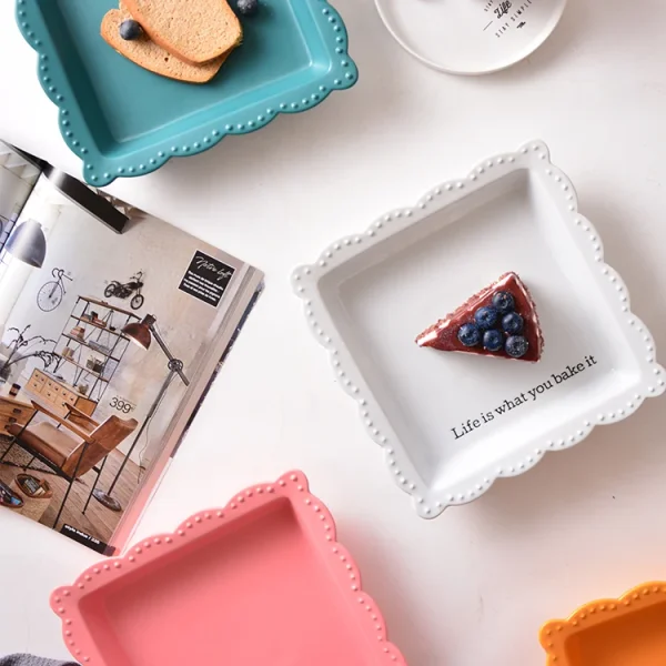 Wholesale Ceramic Baking Dish, Square Laced Ovenware with Macaron Colors - Source Factory Supply