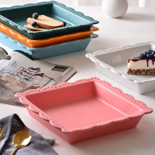 Wholesale Ceramic Baking Dish, Square Laced Ovenware with Macaron Colors - Source Factory Supply