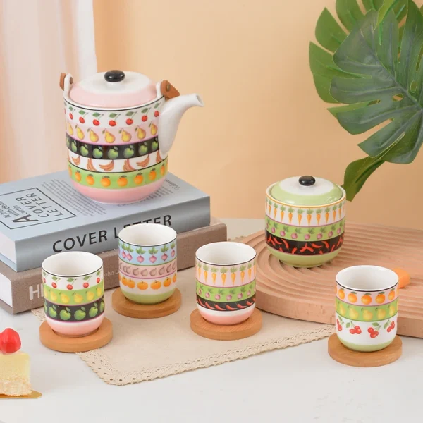Fruit & Vegetable Pattern Ceramic Tea Set, Cute Color Ceramic Teapot with 4 Tea Cups & Storage Jar, Farmhouse Afternoon Tea Tableware Gift Set for Home
