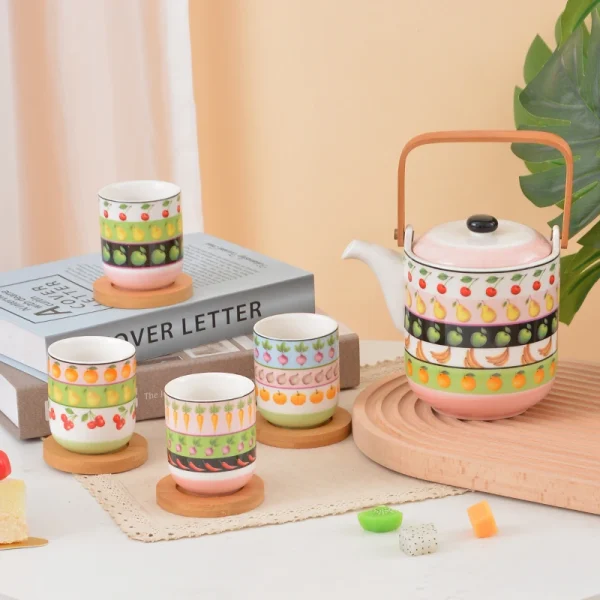 Fruit & Vegetable Pattern Ceramic Tea Set, Cute Color Ceramic Teapot with 4 Tea Cups & Storage Jar, Farmhouse Afternoon Tea Tableware Gift Set for Home