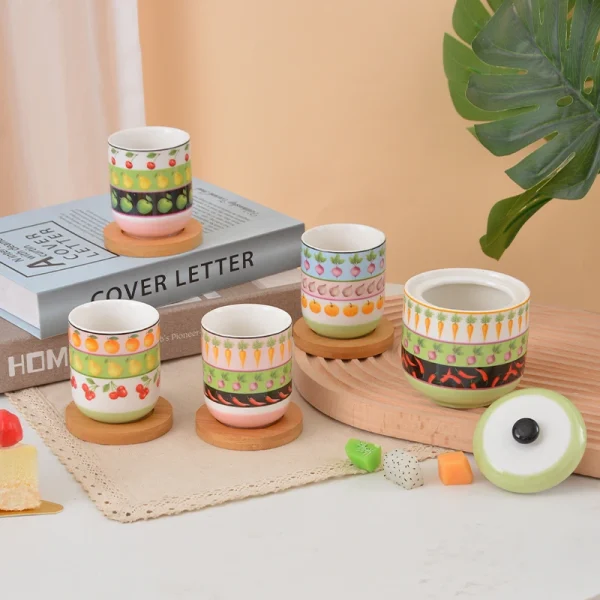 Fruit & Vegetable Pattern Ceramic Tea Set, Cute Color Ceramic Teapot with 4 Tea Cups & Storage Jar, Farmhouse Afternoon Tea Tableware Gift Set for Home