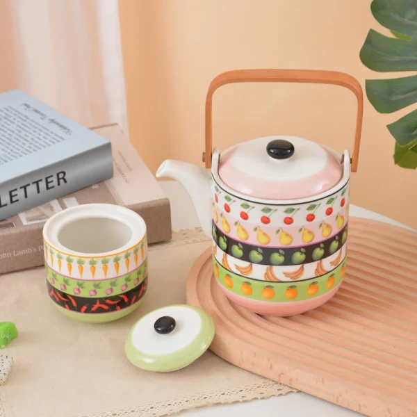 Fruit & Vegetable Pattern Ceramic Tea Set, Cute Color Ceramic Teapot with 4 Tea Cups & Storage Jar, Farmhouse Afternoon Tea Tableware Gift Set for Home