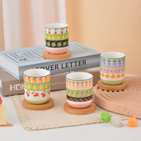Fruit & Vegetable Pattern Ceramic Tea Set, Cute Color Ceramic Teapot with 4 Tea Cups & Storage Jar, Farmhouse Afternoon Tea Tableware Gift Set for Home