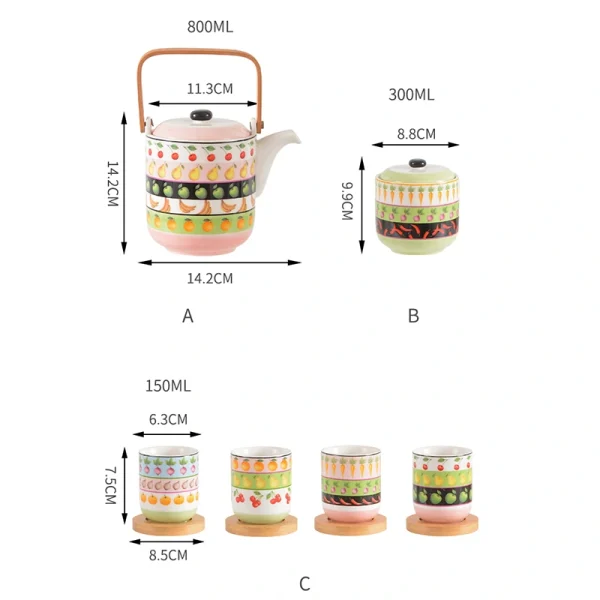 Fruit & Vegetable Pattern Ceramic Tea Set, Cute Color Ceramic Teapot with 4 Tea Cups & Storage Jar, Farmhouse Afternoon Tea Tableware Gift Set for Home