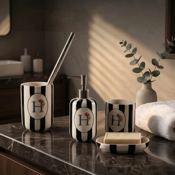 Wholesale Ceramic Bathroom Accessories Set 4-Piece – Soap Dispenser, Toothbrush Holder, Cup Soap Dish, Modern Stiped Bathroom Decor