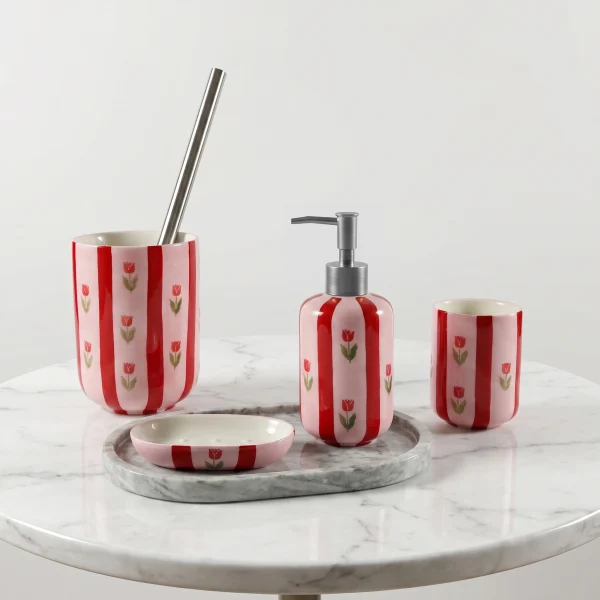 Wholesale Ceramic Bathroom Accessories Set 4-Piece – Soap Dispenser, Toothbrush Holder, Cup Soap Dish, Modern Stiped Bathroom Decor