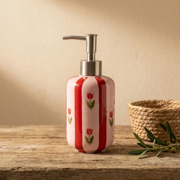 Wholesale Ceramic Bathroom Accessories Set 4-Piece – Soap Dispenser, Toothbrush Holder, Cup Soap Dish, Modern Stiped Bathroom Decor