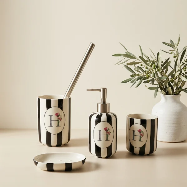 Wholesale Ceramic Bathroom Accessories Set 4-Piece – Soap Dispenser, Toothbrush Holder, Cup Soap Dish, Modern Stiped Bathroom Decor