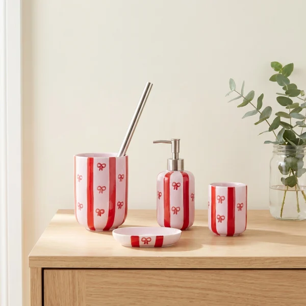 Wholesale Ceramic Bathroom Accessories Set 4-Piece – Soap Dispenser, Toothbrush Holder, Cup Soap Dish, Modern Stiped Bathroom Decor