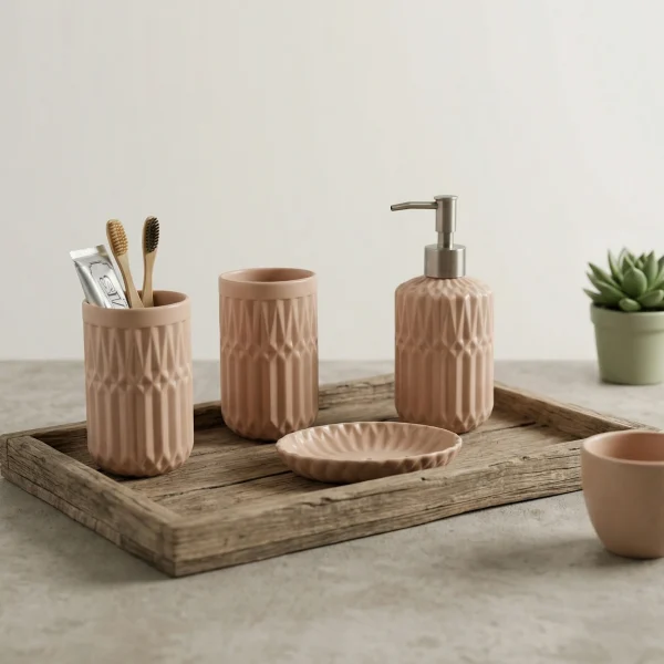 Wholesale Diamond Pattern Ceramic Bathroom Kit, Multi-Color Selection, Including Soap Pump, Toothbrush Cups, and Soap Tray