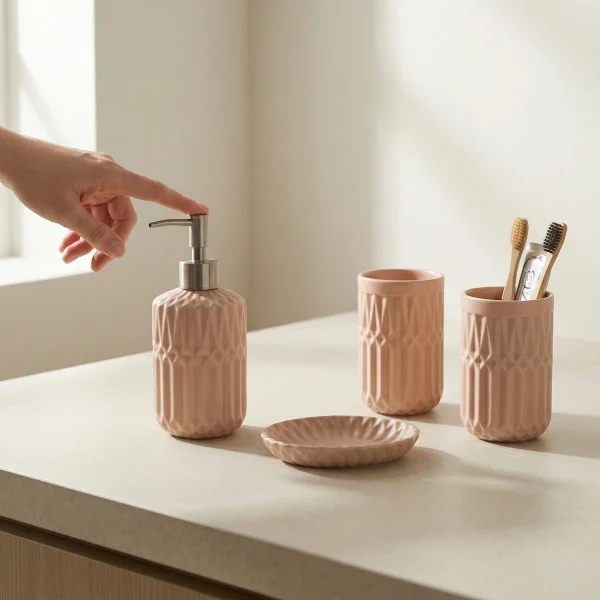 Wholesale Diamond Pattern Ceramic Bathroom Kit, Multi-Color Selection, Including Soap Pump, Toothbrush Cups, and Soap Tray