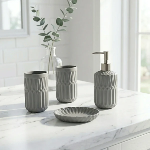 Wholesale Diamond Pattern Ceramic Bathroom Kit, Multi-Color Selection, Including Soap Pump, Toothbrush Cups, and Soap Tray