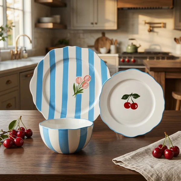 Wholesale Color Stripe Floral Ceramic Tableware Set, Fruit Dessert Salad Plates and Bowl for Daily Use & Gift